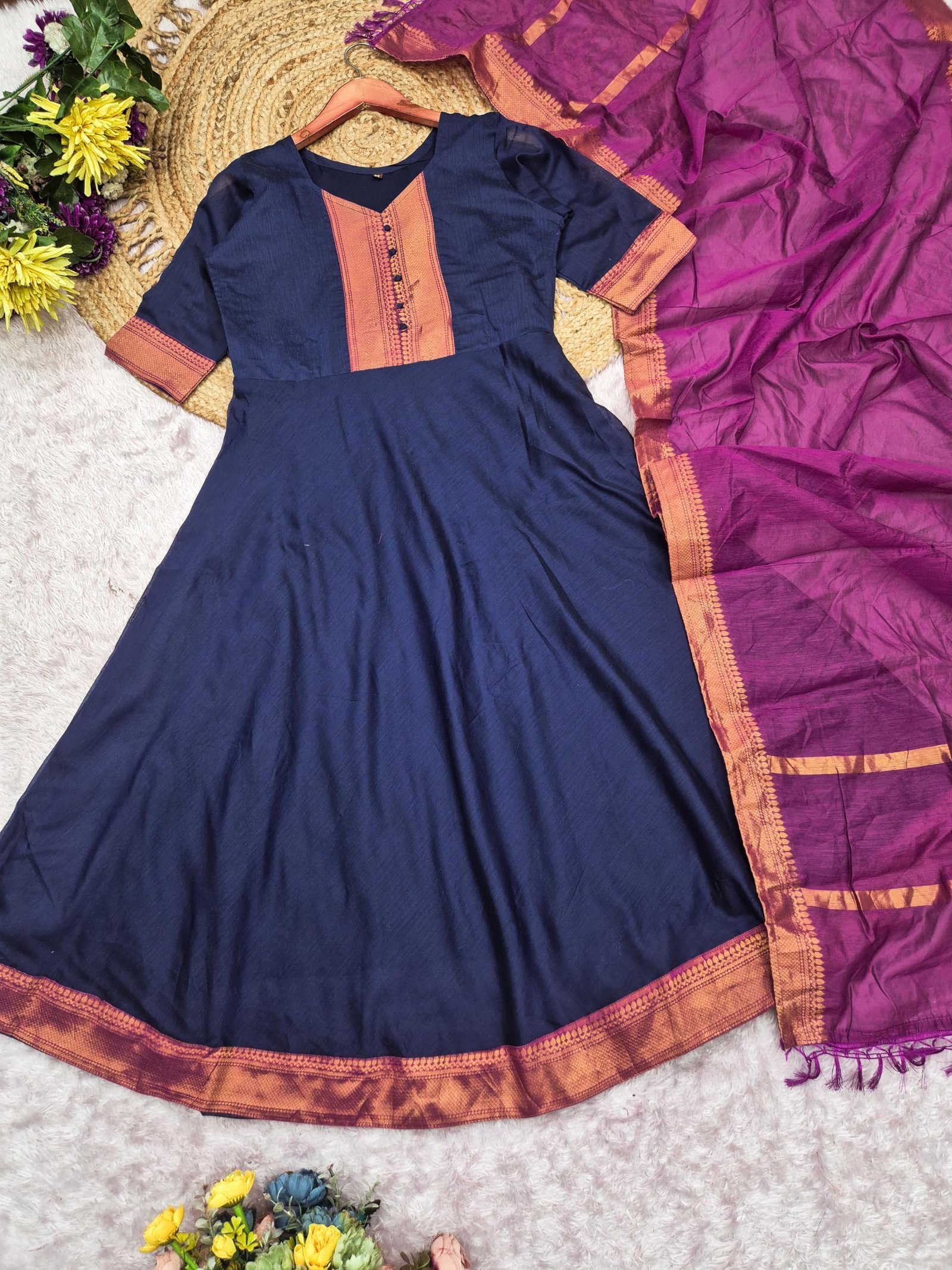 Women's Beautiful Kanchi Cotton with Jacquard Less with Embroidery Gownn & Dupatta Set Anarkali Gown3/4 Sleeve with Less Ethnic Gown and Dupatta Set Gown (in, Alpha, Regular, Women, Blue)
