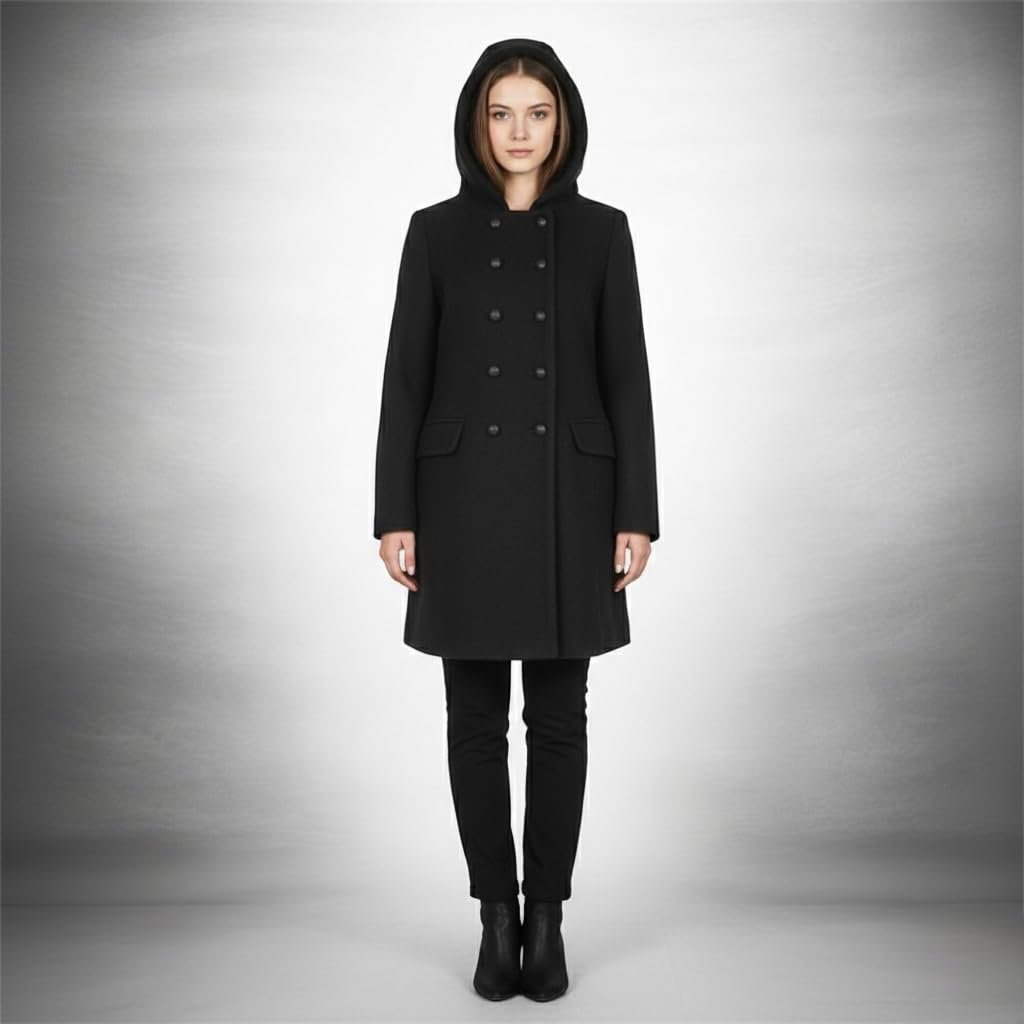 Women's Black Wool Blend Hooded Double Breasted Long Overcoat Winter Jacket Medium