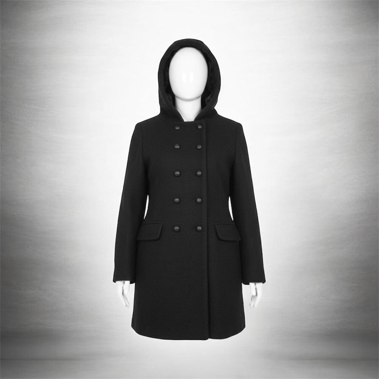 Women's Black Wool Blend Hooded Double Breasted Long Overcoat Winter Jacket Medium