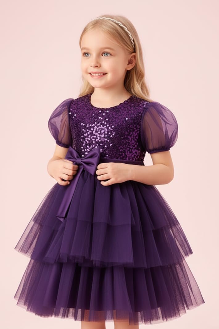 Girls Sequin Tulle Party Dress Toddler Little Kids Puff Sleeve Princess Dress with Bow, Layered Tutu Skirt, Wedding, Birthday, Holiday Purple