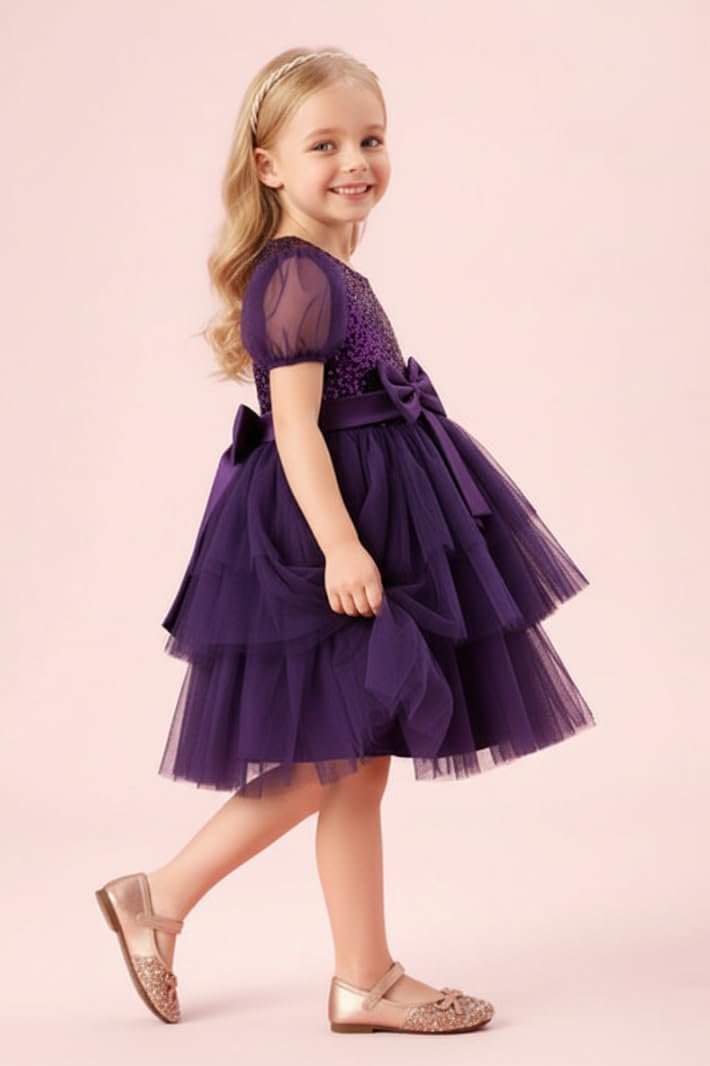 Girls Sequin Tulle Party Dress Toddler Little Kids Puff Sleeve Princess Dress with Bow, Layered Tutu Skirt, Wedding, Birthday, Holiday Purple