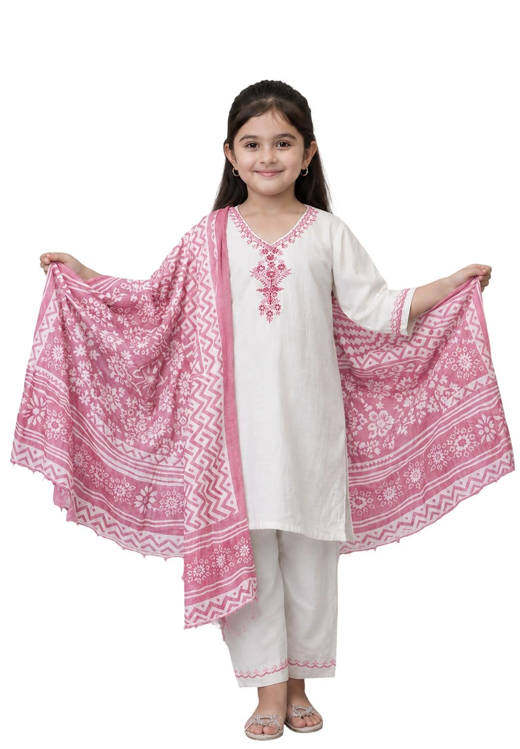 Girls Khadi Cotton Embroidered Work 3-Piece Salwar Suit Set With Floral Printed Dupatta Traditional Ethnic Outfit for Festive Functions (IN, Age, 9 Years, 10 Years, Regular, Baby Girls, Pink)
