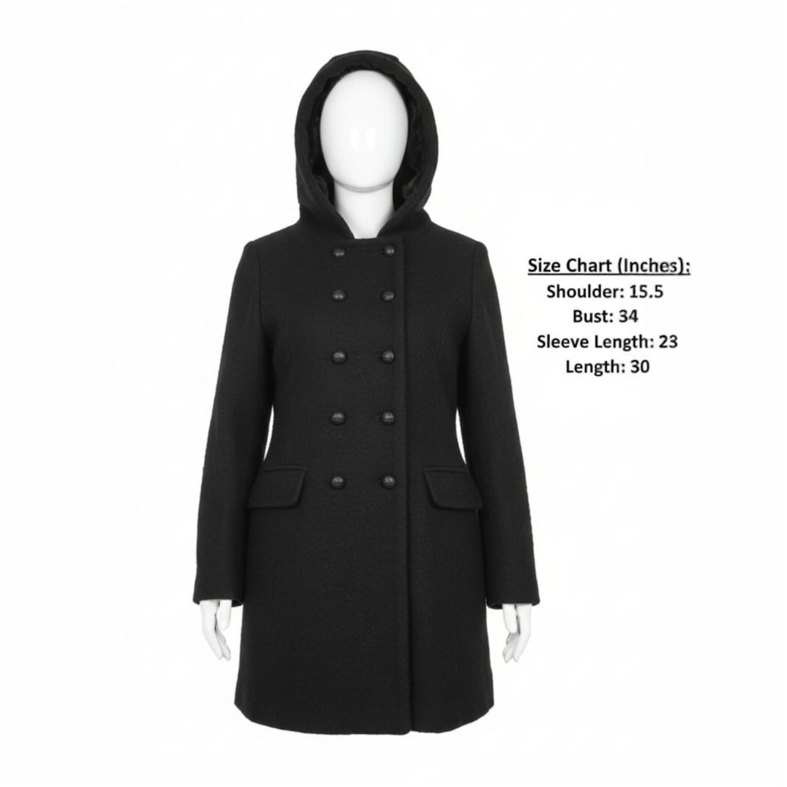 Women's Black Wool Blend Hooded Double Breasted Long Overcoat Winter Jacket Medium