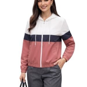 Women’s Hooded Full Zip Color Block Jacket, Lightweight Travel Outerwear