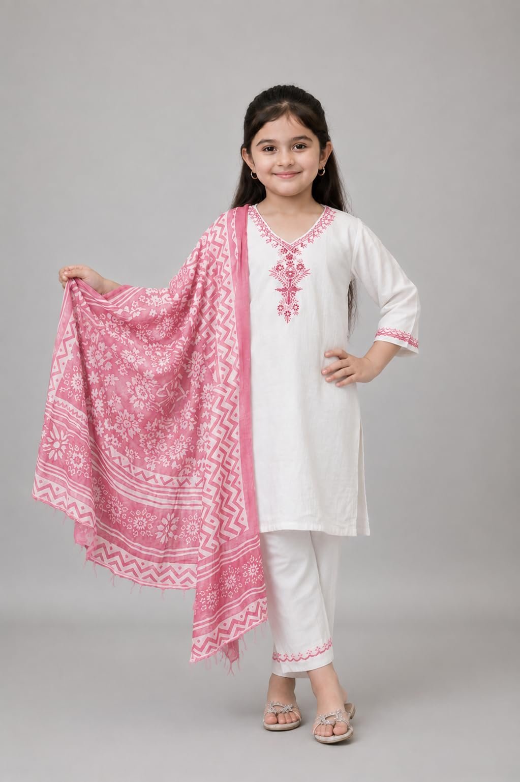 Girls Khadi Cotton Embroidered Work 3-Piece Salwar Suit Set With Floral Printed Dupatta Traditional Ethnic Outfit for Festive Functions (IN, Age, 9 Years, 10 Years, Regular, Baby Girls, Pink)