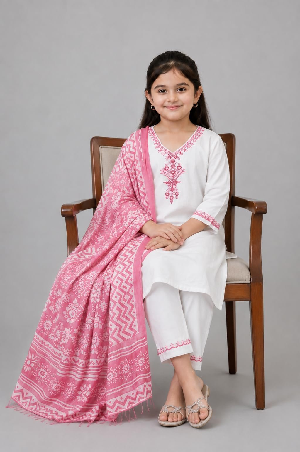 Girls Khadi Cotton Embroidered Work 3-Piece Salwar Suit Set With Floral Printed Dupatta Traditional Ethnic Outfit for Festive Functions (IN, Age, 9 Years, 10 Years, Regular, Baby Girls, Pink)