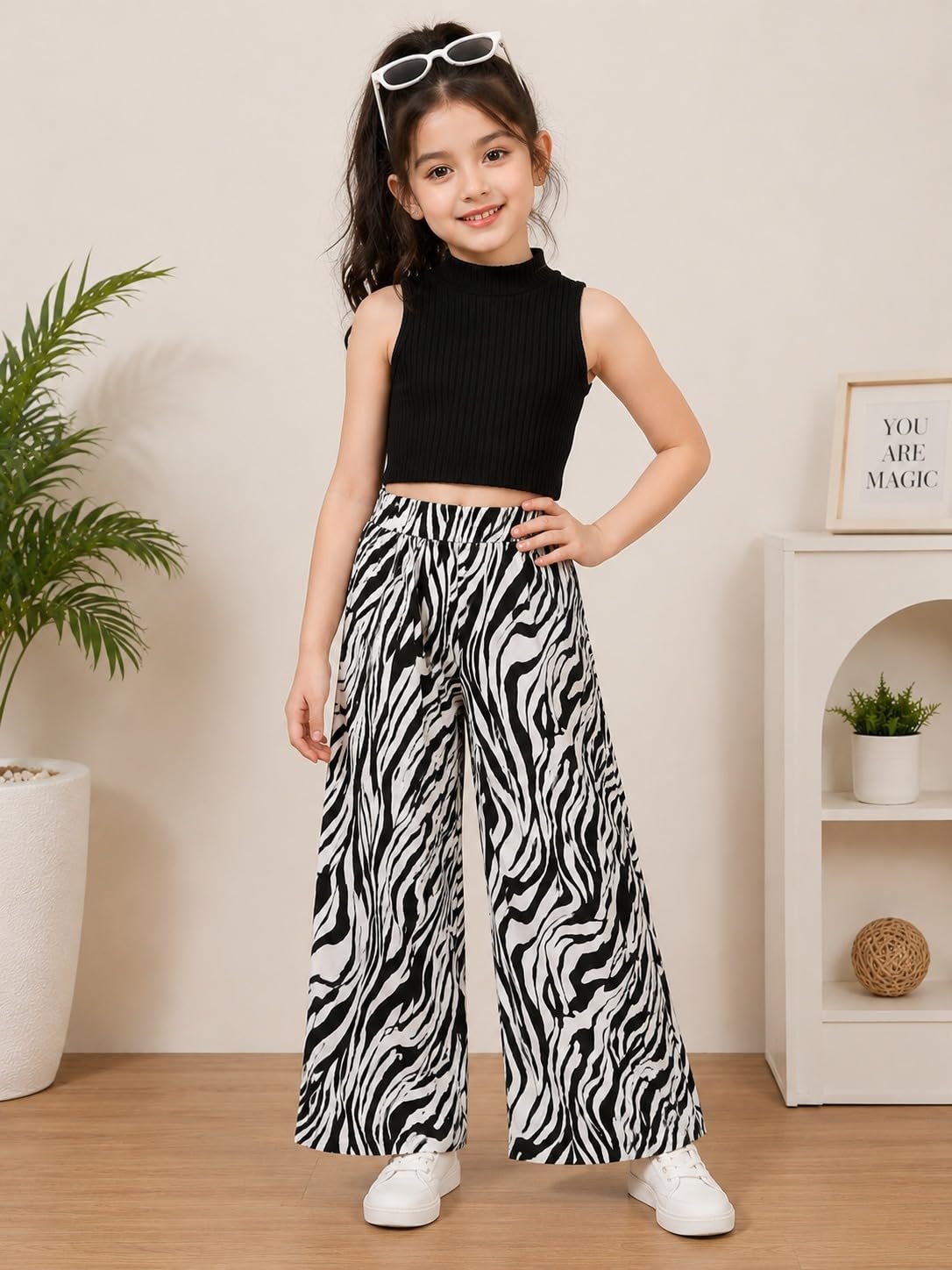 Girls Black Sleeveless Crop Top with Zebra Print Wide Leg Palazzo Pants | Stylish Casual Wear Co-Ord Set for Kids (zebra print, 7 YEAR - 8 YEAR)