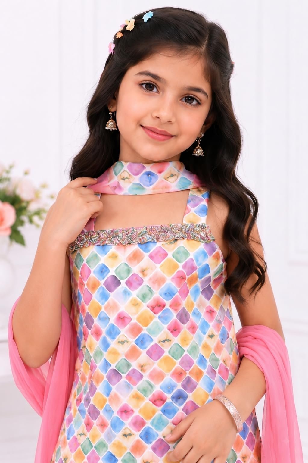 Girls’ Printed Pink Patiala Suit Set with Dupatta (5-6 years)