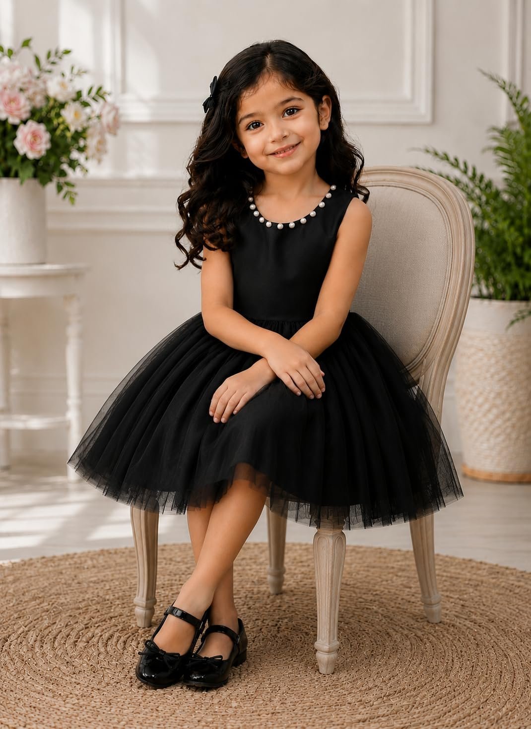 ZillyMilly Girls Party Dress Sleeveless Knee Length Net Frock with Pearl Neck | Princess Birthday & Wedding Dress for Kids | Baby Girl Frock (in, Age, 4 Years, 5 Years, Regular, Black)