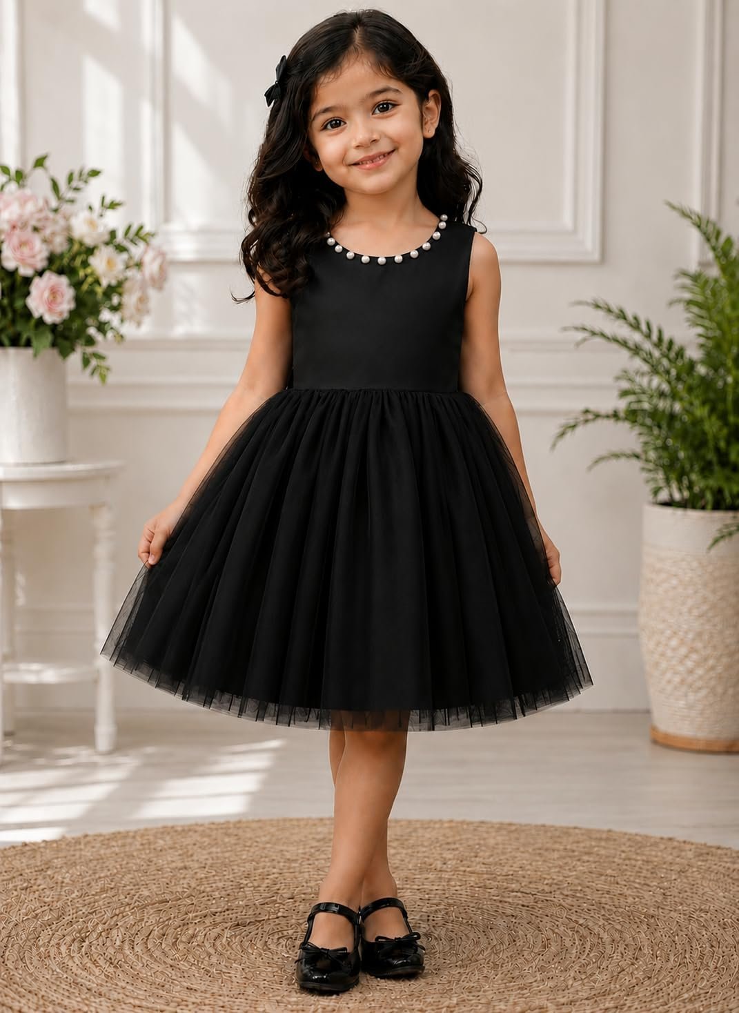ZillyMilly Girls Party Dress Sleeveless Knee Length Net Frock with Pearl Neck | Princess Birthday & Wedding Dress for Kids | Baby Girl Frock (in, Age, 4 Years, 5 Years, Regular, Black)