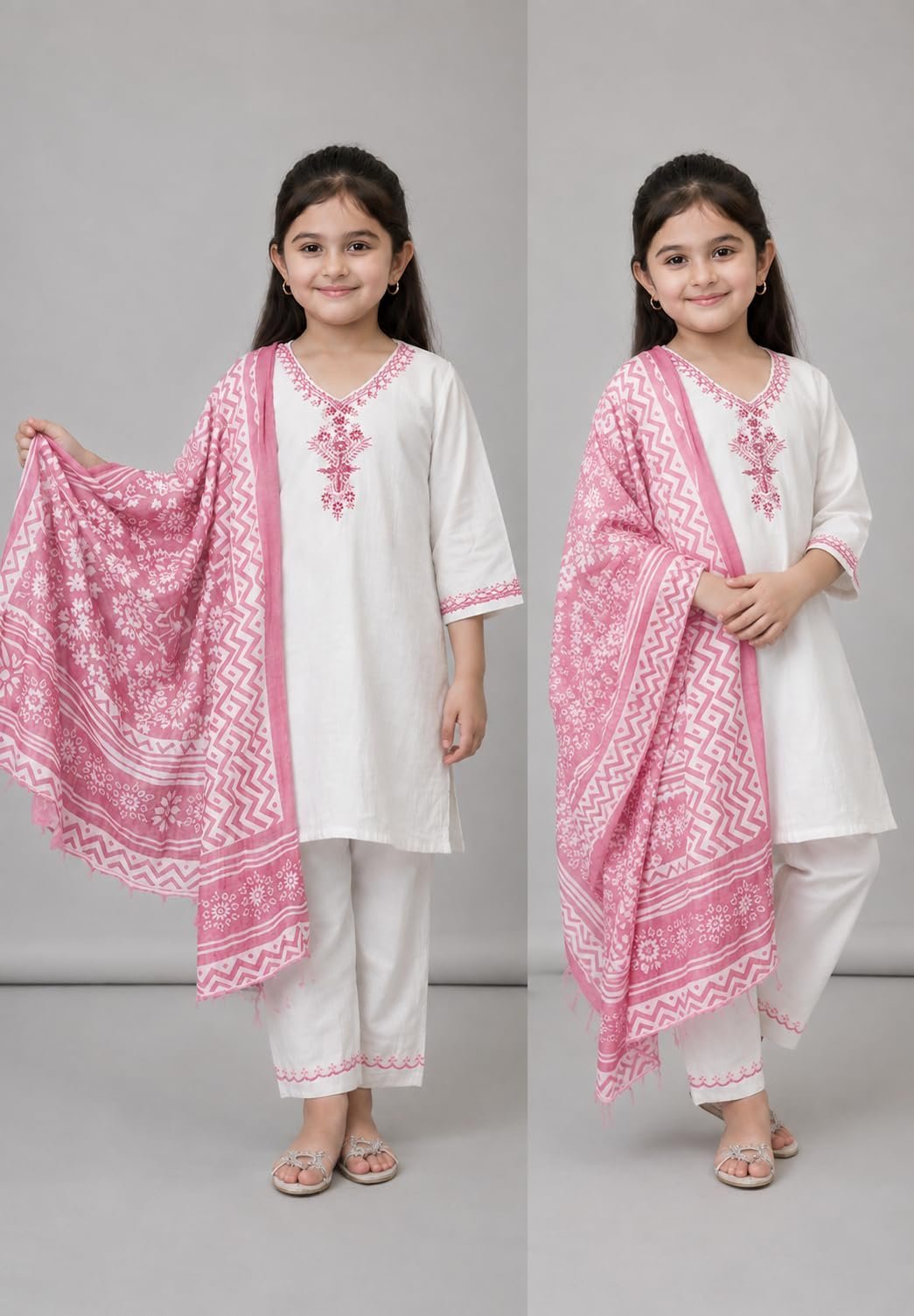 Girls Khadi Cotton Embroidered Work 3-Piece Salwar Suit Set With Floral Printed Dupatta Traditional Ethnic Outfit for Festive Functions (IN, Age, 9 Years, 10 Years, Regular, Baby Girls, Pink)