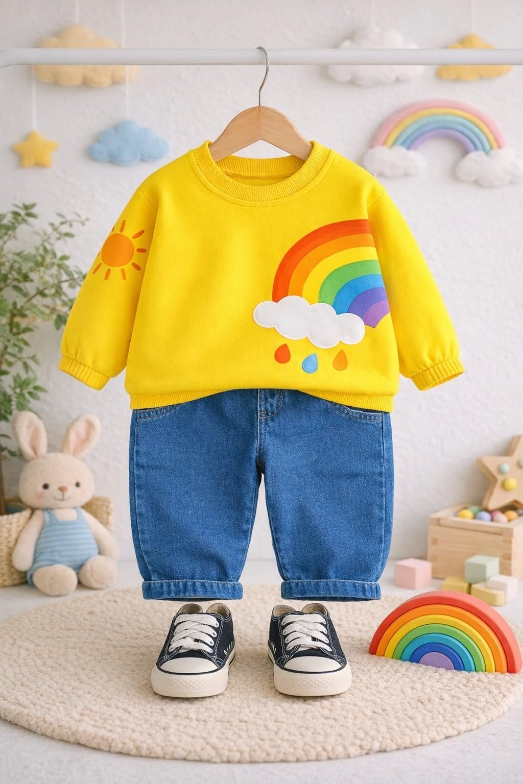 Printed Sweat Shirt with Denim Pant for Boys - Cotton Clothing Set for Baby Boy | Soft Fabric Full Sleeves Sweat Shirt | Regular Fit Kids Outfit | Rainbow